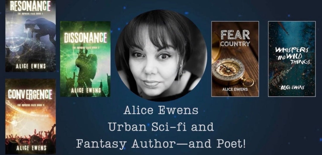 Alice Ewens headshot in centre with all her books displayed around her on blue background with text reading Alice Ewens Urban Sci-Fi and Fantasy Author